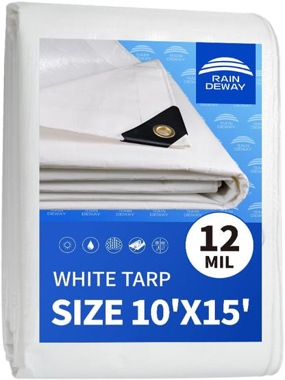 RAINDEWAY 12 Mil Heavy Duty White Tarp 10x15 Feet, UV Resistant, Waterproof, Weatherproof Poly Tarp with Metal Grommets and Reinforced Edges