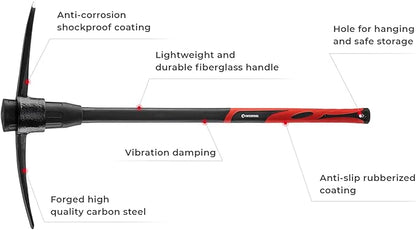 INTERTOOL Pick Axe for Digging - 36” Heavy Duty Garden Mattock Pickaxe - Rust Resistant Steel with Adze Hoe & Shock Absorbing Fiberglass Anti-Slip Handle - Cultivate, Loosen Soil, Dig - HT08-0305