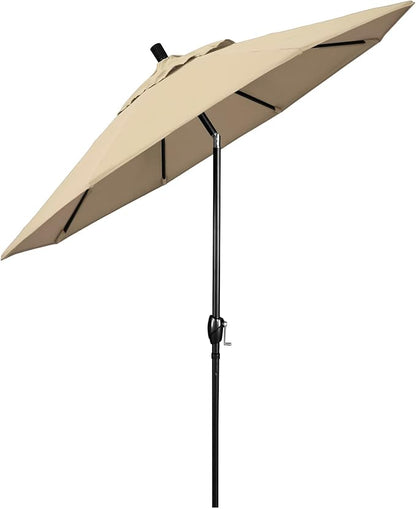 California Umbrella 9' Round Aluminum Market Umbrella, Crank Lift, Push Button Tilt, Black Pole, Sunbrella Antique Beige