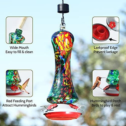 Glass Hummingbird Feeder for Outdoors: Leak Proof Hanging Hummingbirds Present for Women - Ant Moat & Hang Hook Included, Metal Base with 4 Feeding Ports & Perch, 20 Fluid Oz, Best Garden Decor