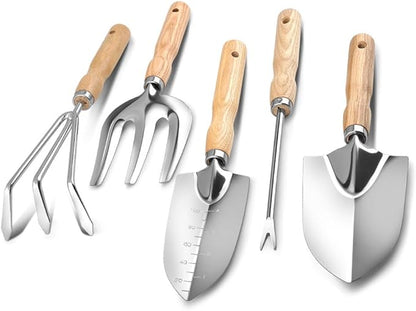 5-Piece Garden Tool Set, Heavy-Duty Rust-Resistant Stainless Steel with Ergonomic Non-Slip Wooden Handles – Durable Gardening Tools Gift, Includes Trowel, Transplanter, Hand Fork, Cultivator & Weeder
