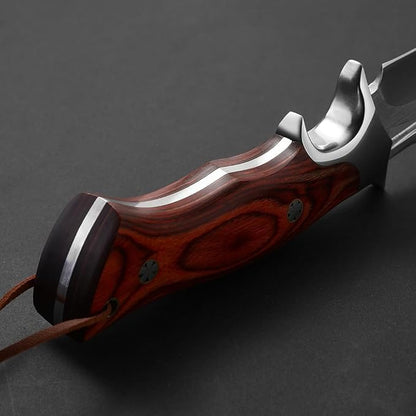 10.24" M390 Knives Hunting Knife Fixed Blade with Leather Sheath, Bushcraft Full Tang Knife Non-slip Red Coloured Wooden Handle