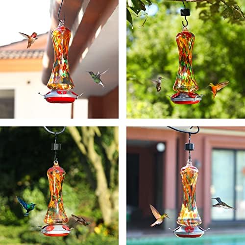 Glass Hummingbird Feeder for Outdoors: Orange Window Hanging Hummingbirds Presents for Women - Ant Moat Included, Metal Base with 4 Feeding Ports & Perch, Leak Proof, 20 fl.oz, Best Garden Decor