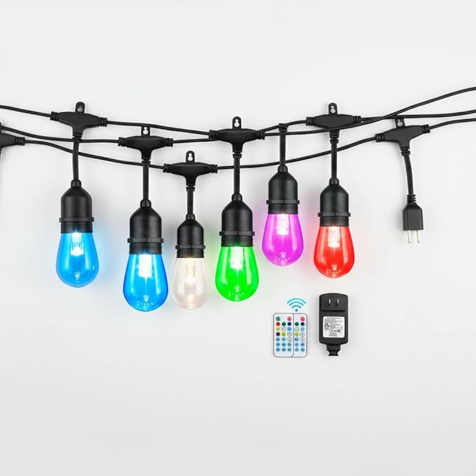 Auroraworld 96FT RGB Outdoor String Lights, Dimmable Color Changing Waterproof LED Patio Lights with Remote, 30 Shatterproof Bulbs for Garden Yard Party Decor