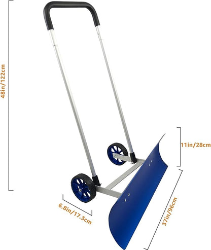 37-inch Snow Pusher Shovel with Wheels, Lightweight Aluminum Alloy Snow Plow for Driveway & Sidewalks, Reversible & Angled Blade, 90° Ergonomic Handle for Efficient Snow Removal, Back Saver