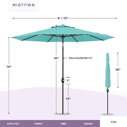 Midtown Umbrellas 10-Year-No-Fade - 6 Ft - UV Proof Blue Polyester Fabric - Umbrella Outdoor Patio, Auto-Tilt Aluminum Frame Large Patio Umbrella for Garden, Pool & Deck - Black Pole