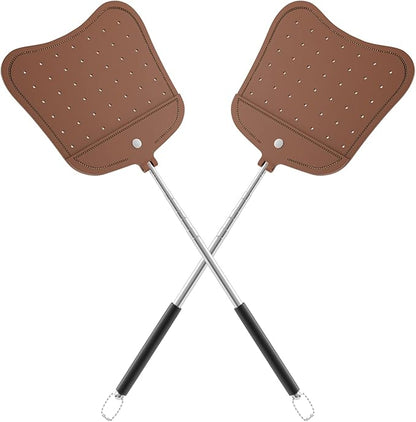 Foxany Telescopic Fly Swatters Heavy Duty Set, Leather Fly Swatter with Extendable Long Handle, Flexible Manual Flyswatter for Indoor Outdoor, 2 Pack