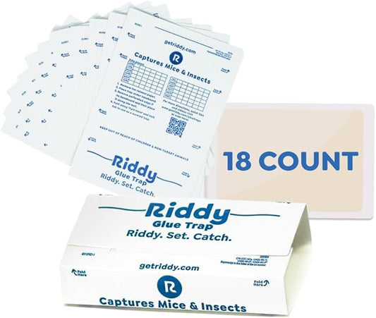 Riddy Glue Boards, 18 Boards, Pre-Baited, Ready to Use Mouse Traps Indoor for Home, Sticky Adhesive for Bugs and Rodents, 5.5" x 7.5"