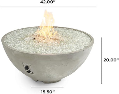 Outdoor GreatRoom Co Propane Fire Pit Table - Cove Gas Fire Pits for Outside Patio - 42 Inch Round Edge Bowl Concrete Firepit Fire Table, Glass Tabletop Cover, Clear Glass Gems, 105,000 BTU - White