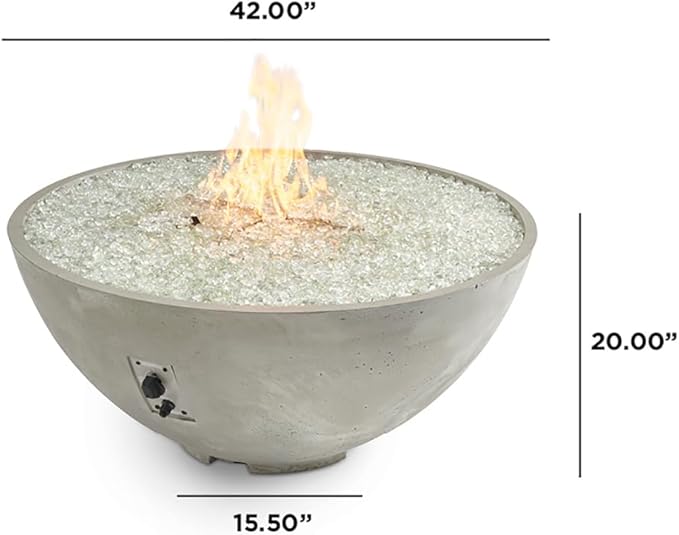 Outdoor GreatRoom Co Propane Fire Pit Table - Cove Gas Fire Pits for Outside Patio - 42 Inch Round Edge Bowl Concrete Firepit Fire Table, Glass Tabletop Cover, Clear Glass Gems, 105,000 BTU - Mist