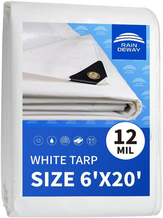 RAINDEWAY 12 Mil Heavy Duty White Tarp 6x20 Feet, UV Resistant, Waterproof, Weatherproof Poly Tarp with Metal Grommets and Reinforced Edges
