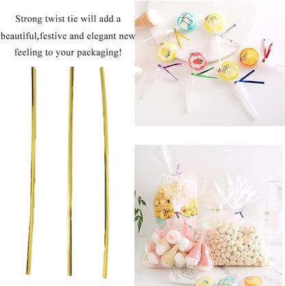 HAHIYO 300Pcs 8inches Gold Metal Twist Ties Bread Candy Coffee Bag Ties Plant Garden Twist Ties for Cellophane Treat Bags Gift Wraping Bags Plastic Bags Halloween Party Cake Present Art Crafts