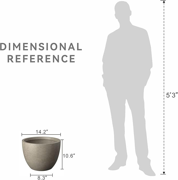 Kante 14.2 Inch Round Concrete Planter - Classic Large Indoor/Outdoor Plant Pot with Drainage Hole and Rubber Plug, Suitable for Gardens and Patios, Weathered Concrete