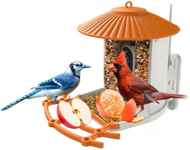 Smart Bird Feeder with Camera Wireless Outdoor, Solar-Powered, Infrared Light captures Movement Trajectory, Smart Bird House with Cam, 2K Live View, Ideal Present for Backyard Birder (Orange)