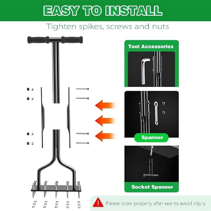 Lawn Aerator Tool, 2-in-1 Spike Manual Core Aerator Lawn Tool with 15 Iron Spikes, Gardening Hand Tools, Grass Plugger Yard Aerators for Garden Yard Lawns Soil Care, Revives Lawns Health(Black)