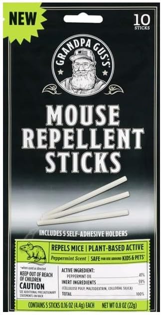 Grandpa Gus's Natural Mouse Repellent Stick, Patented Delivery of Concentrate Peppermint Scent, Plant-Based, Humane Rodent Repellent for Home, Campers & RVs, Pack of 10