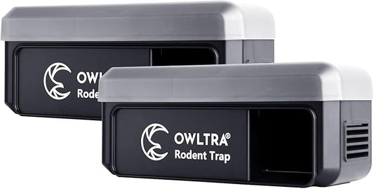 OWLTRA 2 Pack OW-7 in-/Outdoor Electric Rodent Trap, Instant Kill Mouse & Rat Zapper with Waterproof Cover, Sound & Light Alarm, and Batteries or USB Power Source, Waterproof Grade IPX4, Black