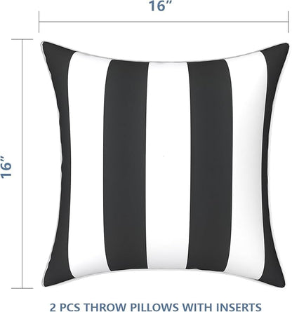 LVTXIII Set of 2 Patio Throw Pillows Waterproof 16"x16" Fade Resistant Outdoor Throw Pillows with Inserts, Fluffy Decorative Garden Toss Pillow Cushions for Home Patio Coach Sofa Use, Cabana Black