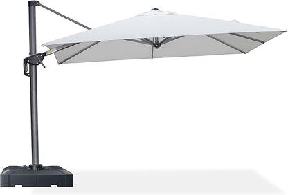 PURPLE LEAF 8' X 8' Patio Umbrella with Base for Pool 7' High Offset Outdoor Cantilever Umbrella Swimming Pool Umbrella with 360°Rotation for Poolside White