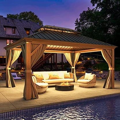 MELLCOM 12' x 14' Hardtop Gazebo, Wooden Finish Coated Aluminum Frame Gazebo with Galvanized Steel Double Roof, Outdoor Permanent Metal Pavilion with Curtains and Nettings for Patio, Lawn & Garden
