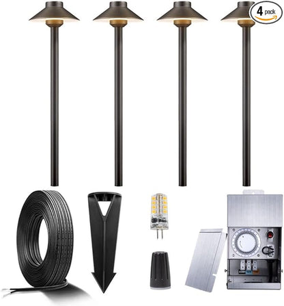 Gardenreet Brass Landscape Lighting Kit (4 Pack LED Path Lights) with 75W Low Voltage Transformer and 100 Feet Cable and 20 Pack Wire Connectors for Outdoor Garden Patio Walkway