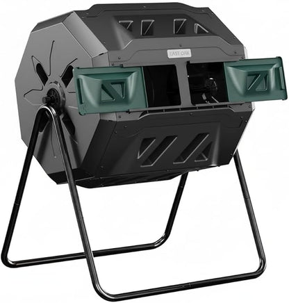 East Oak Compost Tumbler Outdoor, 43-Gal Dual Chamber Compost Bin with 2 Sliding Door and Aeration System, Tumbling Rotating Composter Bin for Garden, Kitchen, Yard
