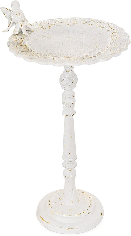 Sungmor Cast Iron Ornate Bird Bath for Garden, 21" Tall Vintage White Birdbath with Angel Statue Decor, Outdoor Standing Water Bowl, Decorative Pedestal Bird Feeder for Patio Deck Backyard