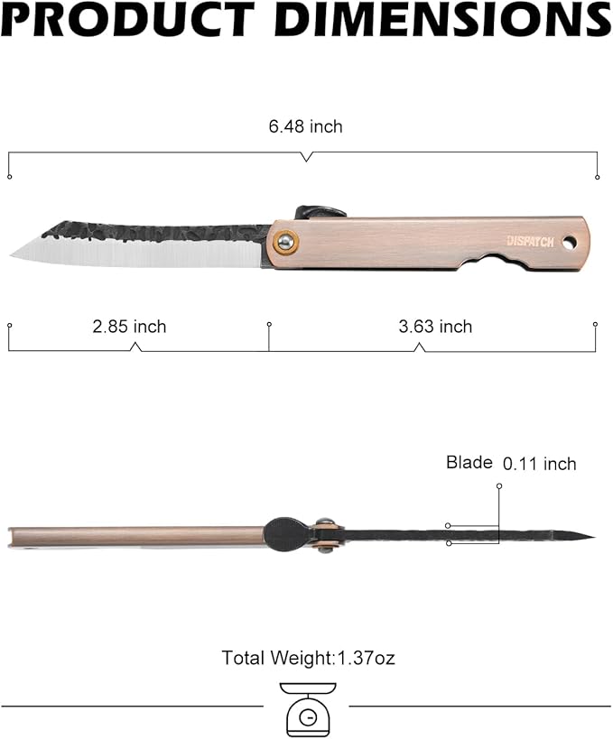 Dispatch EDC Pocket Knife, 2.8" Full Panel Plain Edge Blade Folding Knife with 7Cr13Mov Black Stonewashed Forged Blade & Red Bronze Electroplated Handle, Includes Black PU Sheath