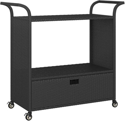 Outdoor Rolling Wicker Bar Cart with Drawer, Portable Bar Cart with Wheels, Patio Kitchen Island Cart for Pool Deck Backyard, Black 39.4"x17.7"x38.2" Poly Rattan -460