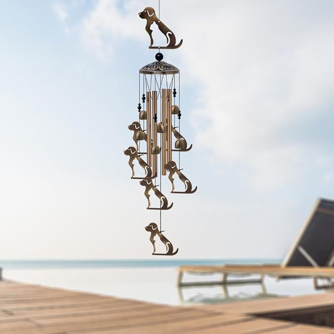 Outdoor Dogs Wind Chimes Indoor Decor - Hand-Made Mobile Romantic Bronze Wind Catcher, 36" Puppys Wind Bells for Home, Balcony, Patio, Garden Festival Decoration, Gift for Mom(4 Tubes, 6 Bells, 7Dogs)