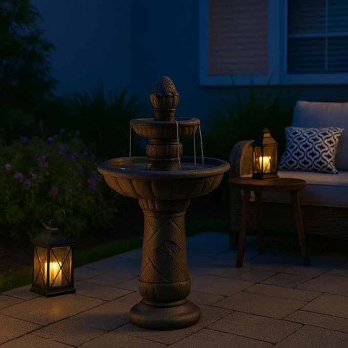 Teamson Home 39" Outdoor Water Fountain, 2 Tier Pineapple Pedestal Waterfall Fountain with Pump, Garden Patio Yard Décor, Durable Polyresin, Weatherproof, Iron Gray