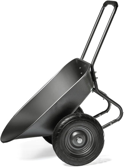 XtremepowerUS Dual-Wheel Utility Wheelbarrow Garden Cart Built-in Stand Flat-Free 16" Tires 5 cu/ft. 330 LBS Capacity Metal Tray for Lawn, Gardening