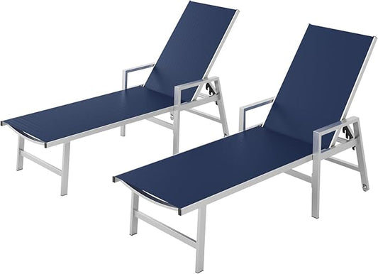Patio Chaise Lounge Chair Outdoor with Wheels&Armrests, Aluminum Pool Lounge Chairs Set of 2 Five-Position Adjustable Recliner, Outdoor Beach Lounge Chairs for Poolside, Patio, Deck, Yard, Navy Blue
