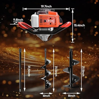 72CC Post Hole Digger, 2 Stroke Auger Post Hole Digger Gas Powered with 2 Augers Drill Bits 6" 8"+1 Extension Rod 31.5", Earth Auger Fit for Farm,Garden