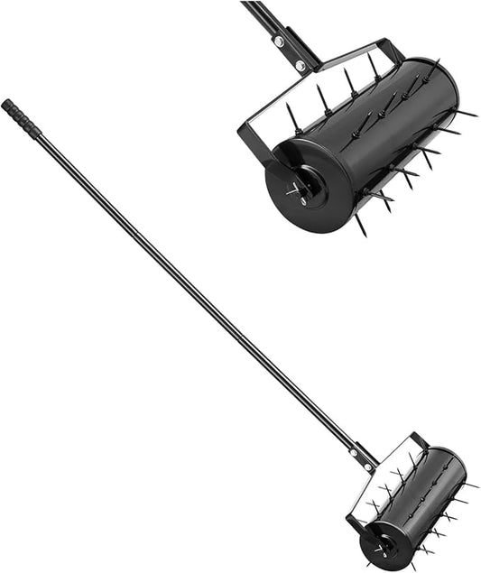 VEVOR Rolling Lawn Aerator, 18-inch Heavy-Duty Manual Rolling Aerator Lawn with Detachable Handle and 27 Iron Spikes, Rolling Lawn Aeration Tool for Garden Patio Yard Compacted Soils and Lawns, Black
