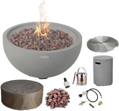 AMS Fireplace | Modeno Nantucket Package | Light Gray Liquid Propane Gas Fire Pit Table for Outside Patio Bundle with Tank Cover and SS Burner Lid | Free Ice Bucket