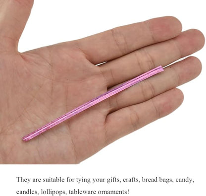 HAHIYO 300Pcs 4inches Holographic Pink Metal Twist Ties Bread Candy Coffee Bag Ties Plant Garden Twist Ties for Cellophane Treat Bags Gift Wraping Bags Plastic Bags Party Cake Present Art Crafts