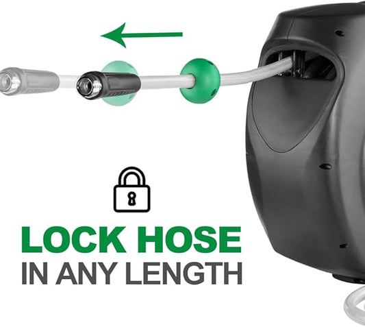 Retractable Garden Hose Reel, 120Ft x 1/2" Durable Wall Mounted Water Hose Reel with 180¡ãSwivel Bracket, 9 Pattern Sprayer, 6Ft leader hose, Smooth Automatic Rewind, Any Length Lock.