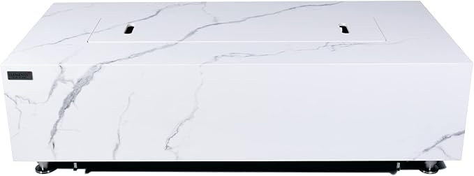Elementi+ | Carrara Gas Fire Pit | Marble Porcelain & Metal Frame | 60" Rectangular Fire Table | Electronic Ignition | Canvas Cover, Fire Glass & Burner Lid Included | White | Natural Gas