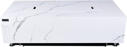 Elementi+ | Carrara Gas Fire Pit | Marble Porcelain & Metal Frame | 60" Rectangular Fire Table | Electronic Ignition | Canvas Cover, Fire Glass & Burner Lid Included | White | Natural Gas