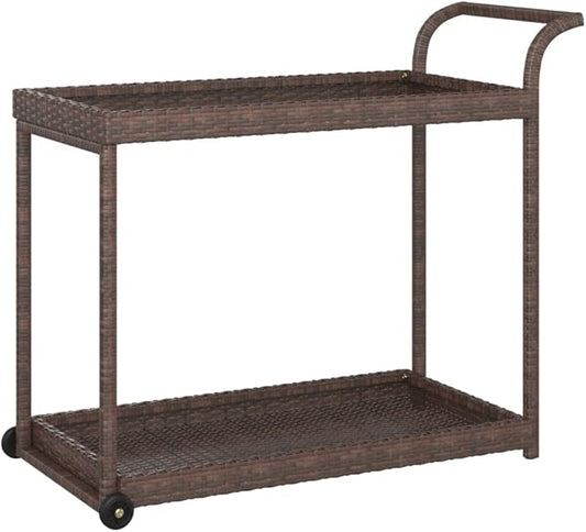 Outdoor Rolling Wicker Bar Cart with Storage Shelves, Portable Bar Cart with Wheels, Patio Kitchen Island Cart for Pool Deck Backyard, Brown 39.4"x17.7"x32.7" Poly Rattan -462