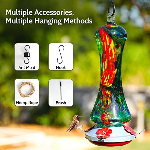 Glass Hummingbird Feeder for Outdoors: Leak Proof Hanging Hummingbirds Present for Women - Ant Moat & Hang Hook Included, Metal Base with 4 Feeding Ports & Perch, 20 Fluid Oz, Best Garden Decor