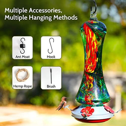 Glass Hummingbird Feeder for Outdoors: Leak Proof Hanging Hummingbirds Present for Women - Ant Moat & Hang Hook Included, Metal Base with 4 Feeding Ports & Perch, 20 Fluid Oz, Best Garden Decor