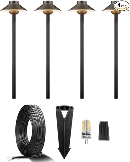Gardenreet 12V Brass Landscape Path Lighting Kit (4 Pack Path Lights) with 100 Feet Cable and 20Pack Wire Connectors for Outdoor House Garden Patio Walkway Without Low Voltage Transformer