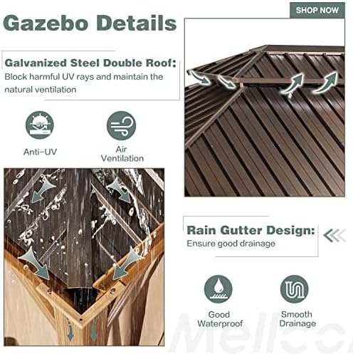 MELLCOM 12' x 20' Hardtop Gazebo, Wood Grain Aluminum Frame Outdoor Gazebo with Galvanized Steel Double Roof, Permanent Metal Pavilion with Curtains and Nettings for Patios, Gardens and Lawns