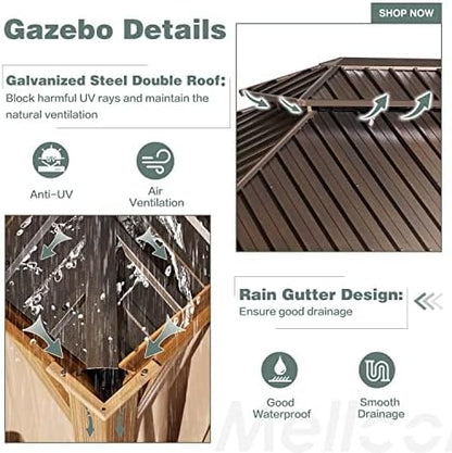 MELLCOM 12' x 20' Hardtop Gazebo, Wood Grain Aluminum Frame Outdoor Gazebo with Galvanized Steel Double Roof, Permanent Metal Pavilion with Curtains and Nettings for Patios, Gardens and Lawns