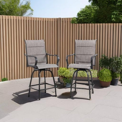 Vongrasig 2 Piece Outdoor Patio Swivel Bar Chairs, All Weather Padded Sling Textile High Top Bar Stools, Bistro Set for Backyard, Lawn Garden, Balcony, Gray