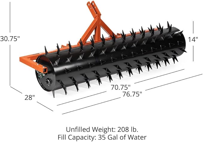 Titan Attachments 3 Point 6 ft Drum Spike Aerator, Fits Cat 1 & 2 Tractors, Tow-Behind Soil Penetrator, Adjustable Weight for Compact Soil, Pull Behind Lawn Tool for Drainage & Fertilization