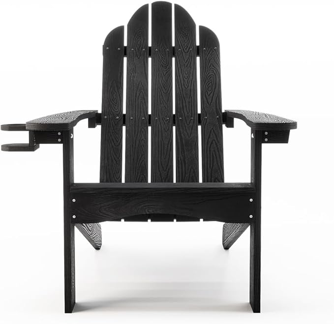 LUE BONA HDPS Adirondack Chairs Set of 8, Fire Pit Outdoor Chair Weather Resistant with Cup Holder, Modern Plastic Chair Plastic for Patio, Deck, Proch, 350LBS, Black