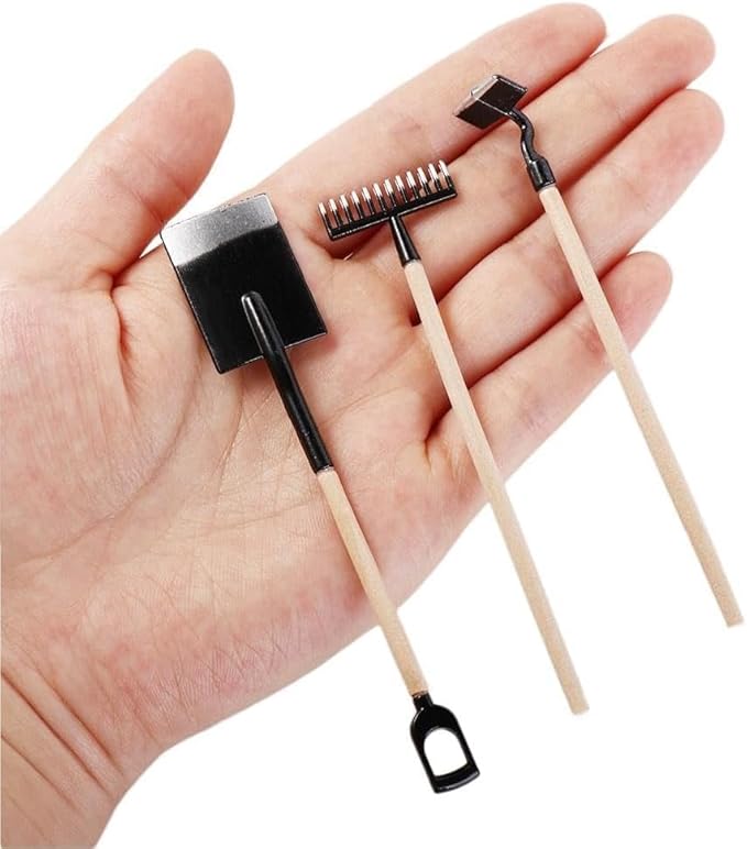 3Pcs Miniature Garden Tools 1:12 Mini Shovels and Rake Farm Tools Fairy Garden Furniture Dollhouse Accessories (Black)